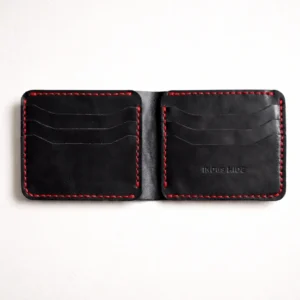 The Raven | Handmade Black Leather Bifold Wallet with Red Stitching